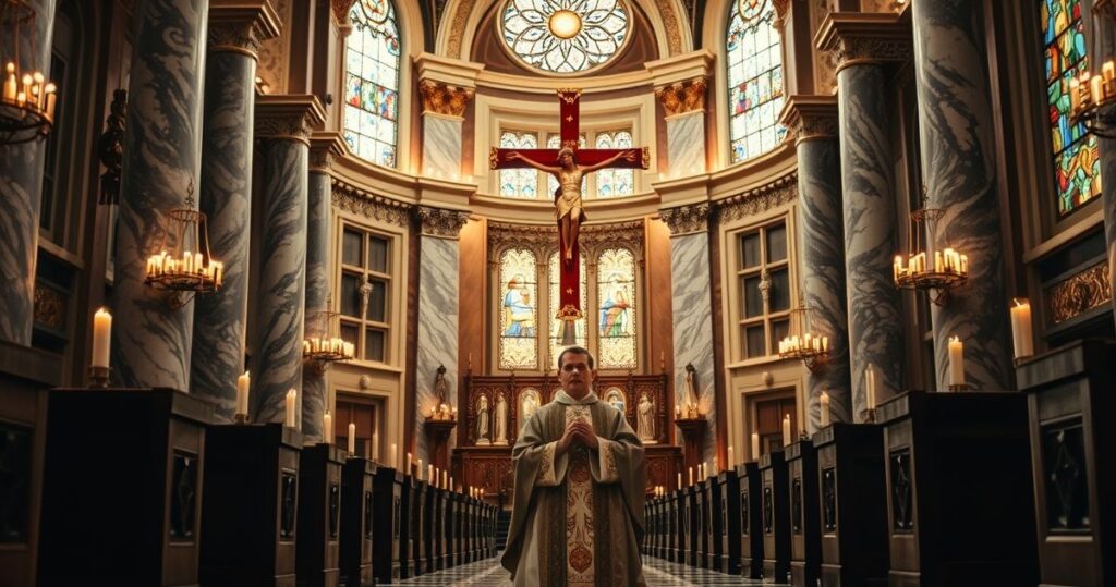 Rekonstrukcja tradycyjnego katolickiego wnętrza kościoła z kapłanem modlącym się w liturgicznym wystroju, symbolizująca wierność naukom Kościoła katolickiego
