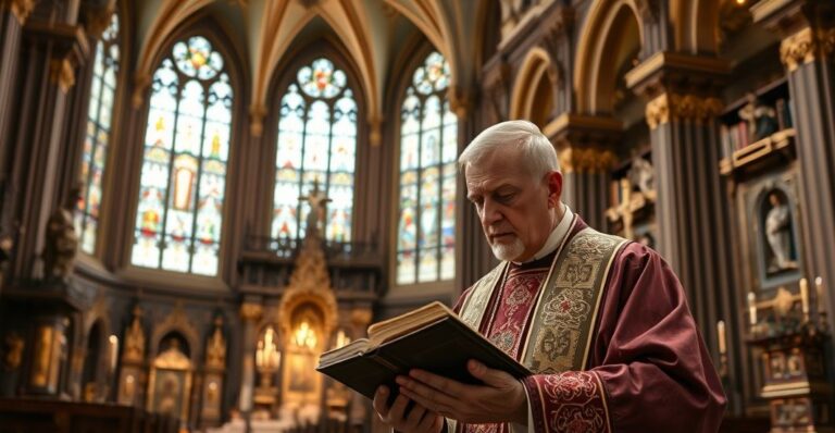 Obraz religijny w tradycyjnym katolickim kościele z kapłanem w vestmentach podczas modlitwy, wyrażający powagę i sprzeciw wobec ekumenicznego dialogu