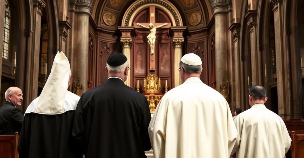 Kobieta i mężczyzna w tradycyjnych strojach katolickich w świątyni, modlący się przy ołtarzu, symbolizując odrzucenie modernizmu i powrót do prawdziwej wiary