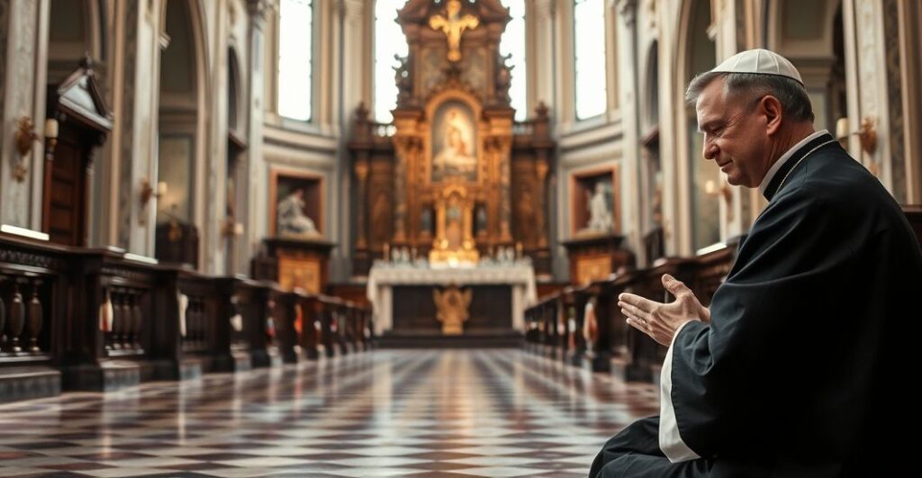 Chrystus Król ukazany jako główny punkt w historycznym kościele, symbolizujący prawdziwą władzę Kościoła i przeciwdziałanie modernistycznej apostazji, realistyczne i pełne czci zdjęcie