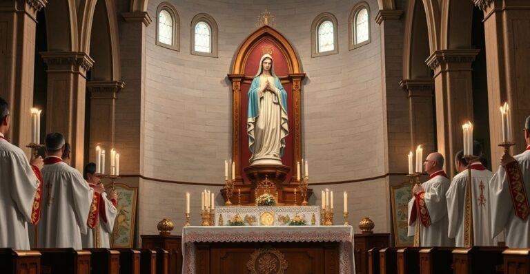 Słowa kluczowe: tradycyjny katolicki obraz, kaplica, figura Maryi, duchowieństwo w liturgii, atmosfera nabożeństwa, krytyka modernizmu, sedevacantistyczne spojrzenie