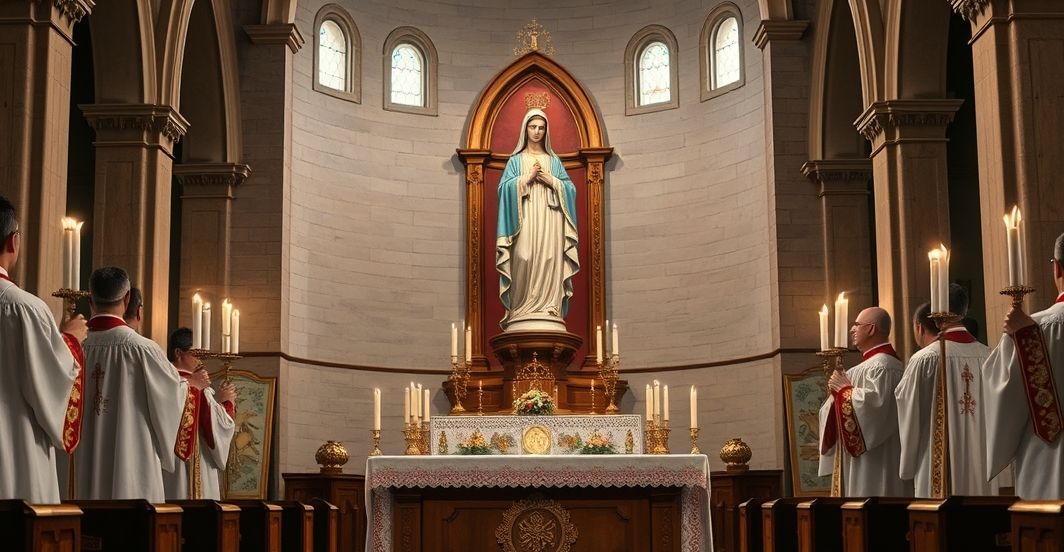 Słowa kluczowe: tradycyjny katolicki obraz, kaplica, figura Maryi, duchowieństwo w liturgii, atmosfera nabożeństwa, krytyka modernizmu, sedevacantistyczne spojrzenie