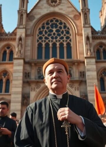 Tradycyjny katolicki pielgrzym w obronie wiary i tradycji Fotografia realistycznego katolickiego pielgrzyma prowadzącego tradycyjną pielgrzymkę przed starożytnym kościołem, z wiernymi modlącymi się na tle nieba.