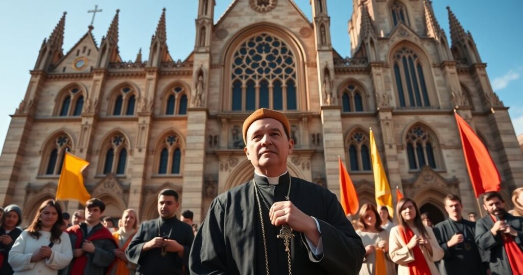 Fotografia realistycznego katolickiego pielgrzyma prowadzącego tradycyjną pielgrzymkę przed starożytnym kościołem, z wiernymi modlącymi się na tle nieba.