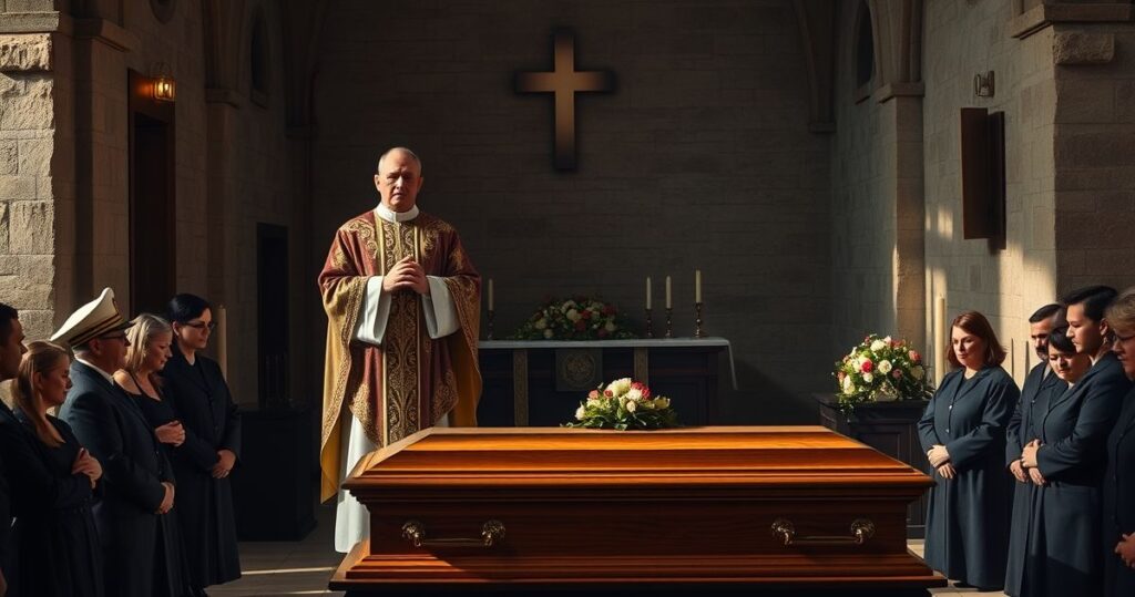 Requiem w tradycyjnej katolickiej kaplicy, kapłan modli się przy trumnie, oddając cześć oficerom w kontekście katolickiego pogrzebu