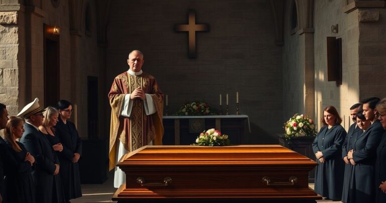 Requiem w tradycyjnej katolickiej kaplicy, kapłan modli się przy trumnie, oddając cześć oficerom w kontekście katolickiego pogrzebu