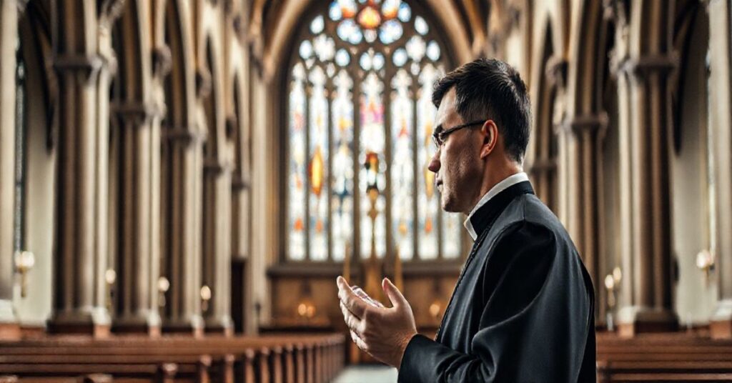 Konserwatywny seminarian katolicki w modlitewnym skupieniu we wnętrzu starych, pięknych kościołów, symbolizujący tradycyjną wiarę i powagę sakramentów