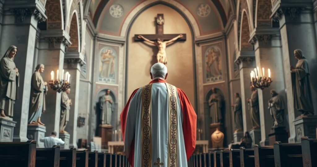 Tradycyjna scena kościelna z biskupem w vestmentach przed krucyfiksem, symbolizująca wierność katolickiej prawdzie przeciw modernistycznym tendencjom
