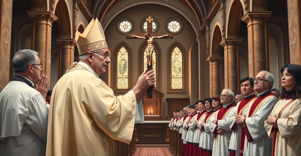 Sanktuarium katolickie z biskupem w liturgicznych szatach, w modlitewnej atmosferze, symbolizujące obronę życia w duchu tradycyjnej wiary katolickiej