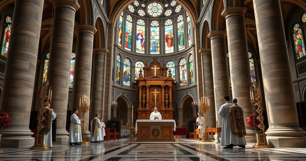 Obraz tradycyjnego katolickiego wnętrza kościoła z kapłanami w liturgicznych szatach, ukazujący Eucharystię i starożytną architekturę, oddający powagę i wierność nauce Kościoła