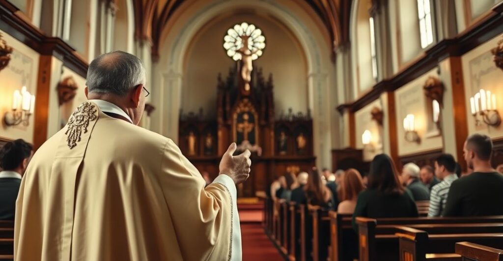 Sanktuarium katolickie z kapłanem modlącym się z krzyżem, odzwierciedlające szacunek i wiarę w tradycyjnej katolickiej perspektywie