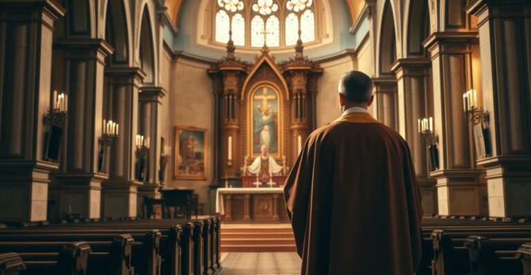 Reverent scene w tradycyjnej katolickiej świątyni z kapłanem przed ołtarzem, podkreślający powagę i wiarę, obraz realistyczny i pełen szacunku do tradycyjnej nauki Kościoła