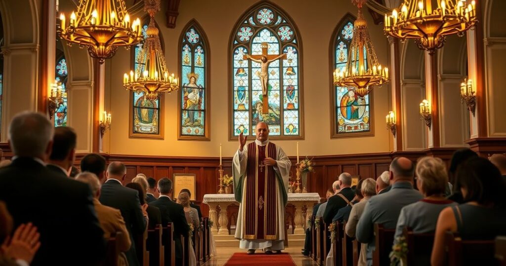 Zdjęcie realistycznego, tradycyjnego wnętrza kościoła katolickiego z kapłanem w liturgicznych szatach, modlącym się wiernym przy ołtarzu z krucyfiksem, ukazujące duchową powagę i wierność naukom Kościoła katolickiego