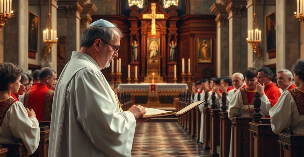 Wnętrze tradycyjnego kościoła katolickiego z kapłanem w liturgicznych szatach, oddające powagę i wierność tradycyjnej Eucharystii, bez surrealistycznych elementów