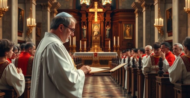 Wnętrze tradycyjnego kościoła katolickiego z kapłanem w liturgicznych szatach, oddające powagę i wierność tradycyjnej Eucharystii, bez surrealistycznych elementów