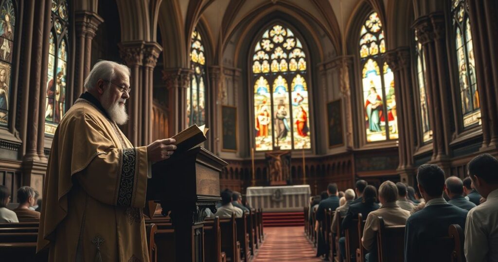 Obraz tradycyjnego kościoła katolickiego z kapłanem w liturgicznych szatach i wiernymi, symbolizujący odrzucenie modernistycznych tendencji i posoborowego chaosu duchowego