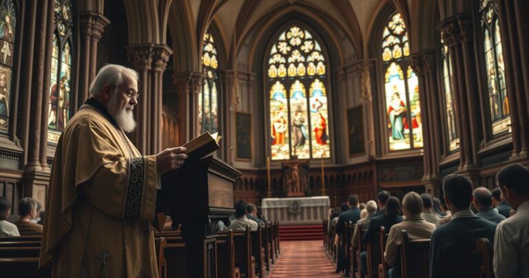 Obraz tradycyjnego kościoła katolickiego z kapłanem w liturgicznych szatach i wiernymi, symbolizujący odrzucenie modernistycznych tendencji i posoborowego chaosu duchowego