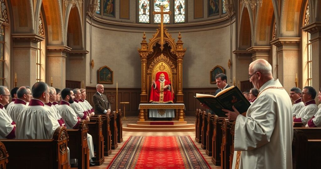 Rewersyjna scena w tradycyjnej katedrze katolickiej z duchownymi w liturgicznym ubiorze, podkreślająca wierność doktrynie i sprzeciw wobec modernistycznych tendencji