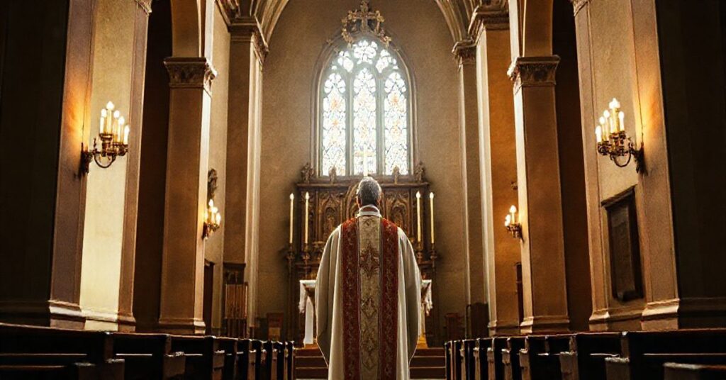 Obraz tradycyjnego katolickiego wnętrza kościoła z kapłanem w vestmentach przed ołtarzem, wyrazem powagi i wiary, odzwierciedlający krytykę modernistycznych zniekształceń w Kościele