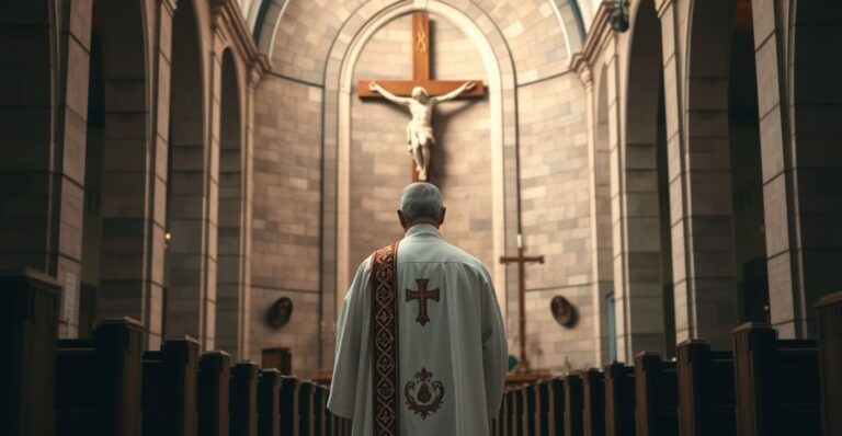 Obraz kościoła katolickiego z kapłanem w vestiach i wiernymi w modlitwie, symbolizujący tradycyjną, katolicką wiarę i duchowość