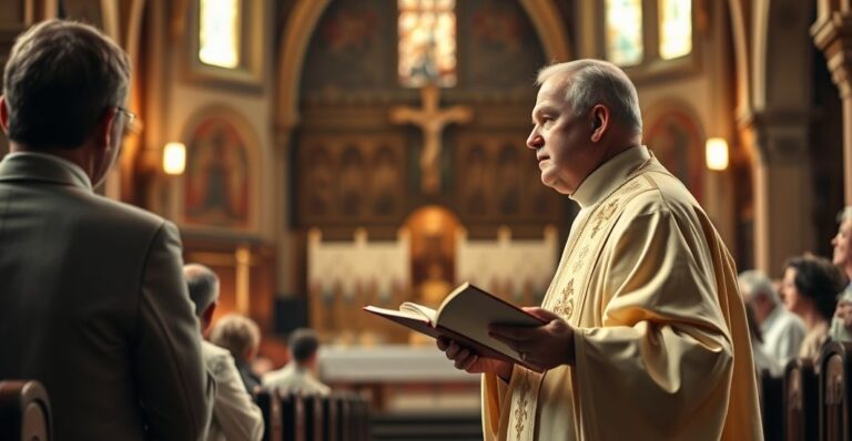 Ksiądz w tradycyjnym stroju podczas kazania w kościele, podkreślający wagę prawdziwej Eucharystii i tradycyjnego kultu katolickiego