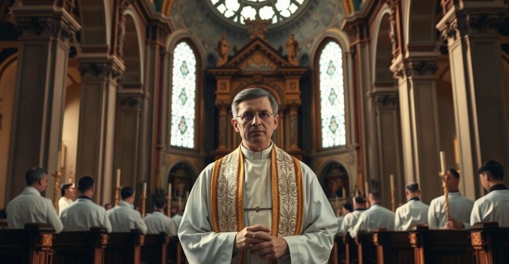 Siedziba Kościoła katolickiego z kapłanami w liturgicznym otoczeniu, odzwierciedlająca powagę i tradycję wobec nowoczesnych wyzwań