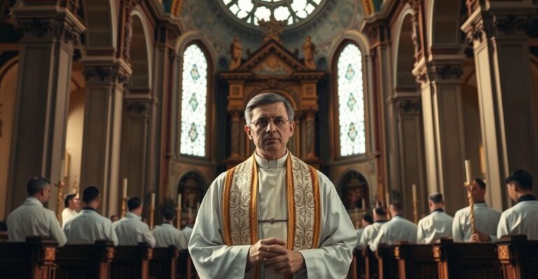 Siedziba Kościoła katolickiego z kapłanami w liturgicznym otoczeniu, odzwierciedlająca powagę i tradycję wobec nowoczesnych wyzwań