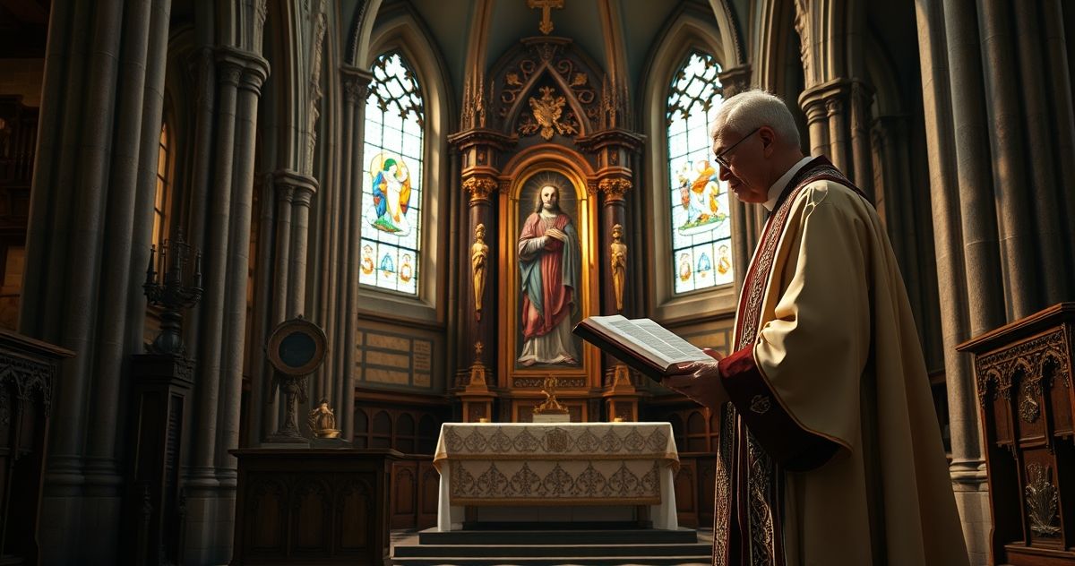 Zdjęcie realistycznego, pełnego szacunku wnętrza kościoła katolickiego z kapłanem w liturgicznych szatach przy ołtarzu, symbolizujące tradycyjną wiarę i pobożność