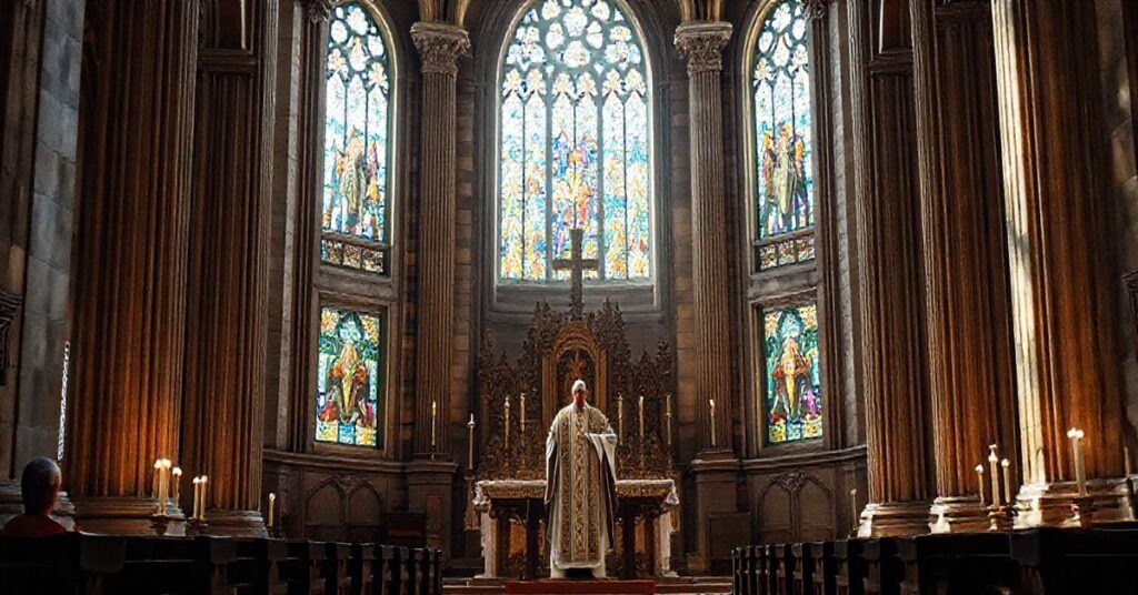 Fotografia realistycznego wnętrza kościoła katolickiego z tradycyjnym duchowieństwem podczas liturgii, podkreślająca wierność Tradycji i powagę wydarzenia