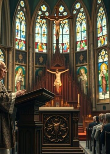 Tradycyjny Kościół katolicki - scena liturgiczna podczas kazania Obrazy ukazujące tradycyjny, katolicki kościół z kapłanem w liturgii, odzwierciedlające prawowierną naukę, z naciskiem na pobożność i kontemplację w duchu katolickiej tradycji.