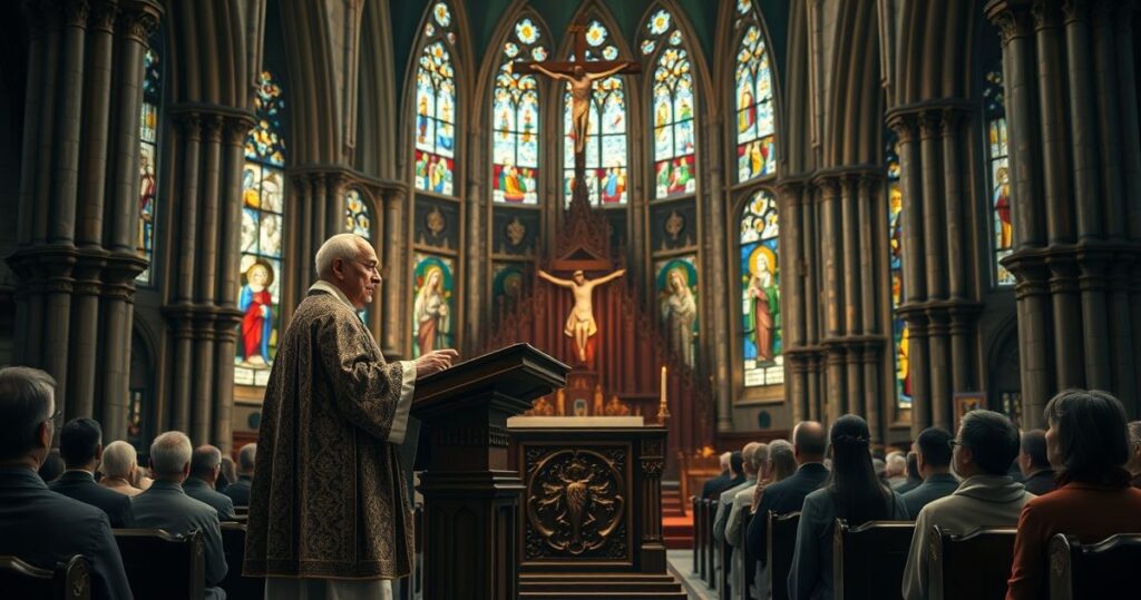 Obrazy ukazujące tradycyjny, katolicki kościół z kapłanem w liturgii, odzwierciedlające prawowierną naukę, z naciskiem na pobożność i kontemplację w duchu katolickiej tradycji.