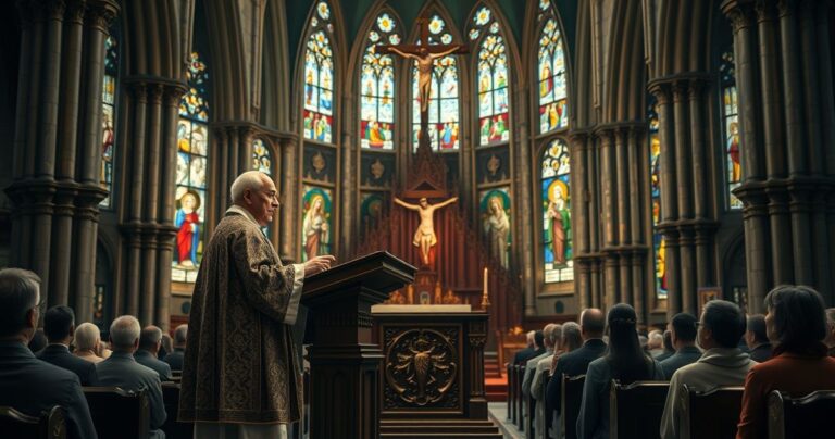 Wnętrze tradycyjnego kościoła katolickiego z kapłanem i wiernymi podczas liturgii, ukazujące głębokie nabożeństwo i sacrum
