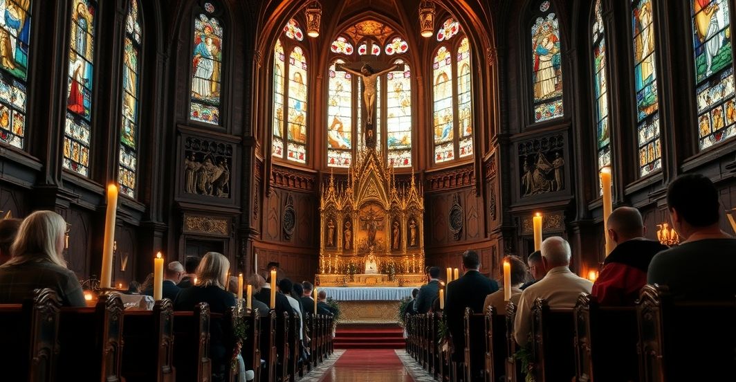 Fotografia realistyczna tradycyjnego wnętrza kościoła katolickiego podczas Mszy, z ołtarzem i świecami, wyrażająca szacunek i duchową głębię, krytycznie wobec nowoczesnych narracji o czasie i stworzeniu