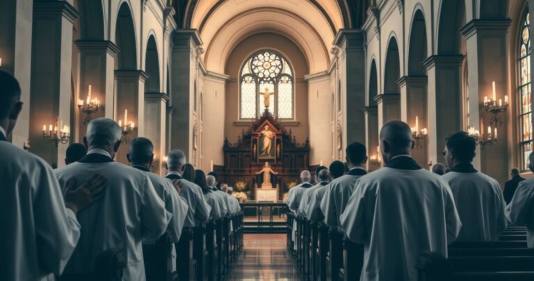 Obraz realistycznej katolickiej świątyni z kapłanami w modlitwie, symbolizujący duchową odnowę i krytykę nowoczesnych odstępstw