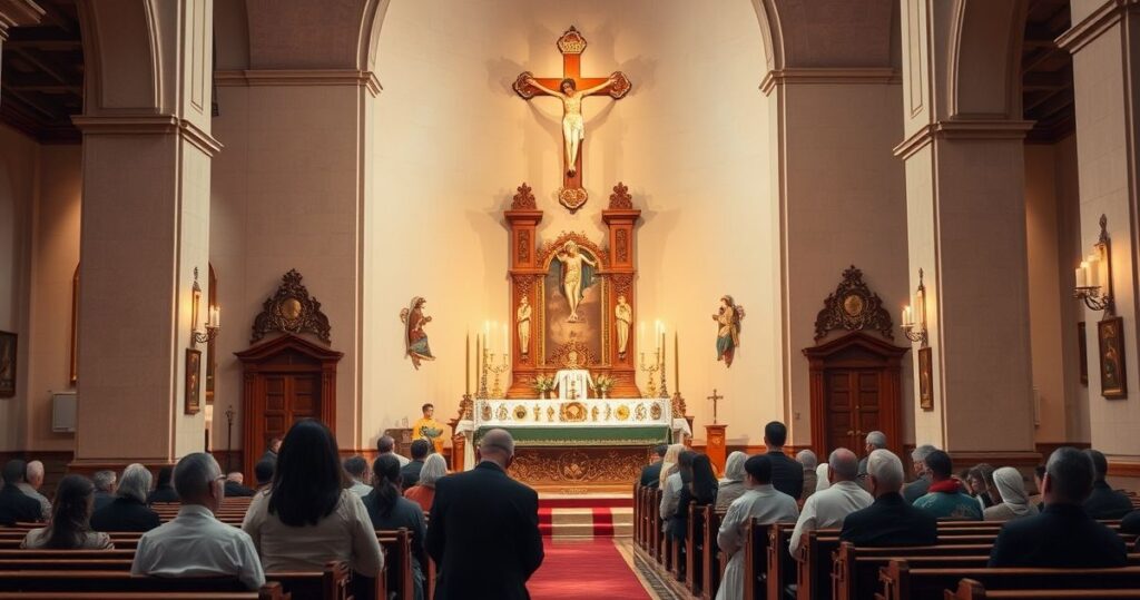 Wnętrze tradycyjnego katolickiego kościoła z wiernymi modlącymi się przy ołtarzu, symbolizujące duchową powagę i wierność Tradycji w obliczu nowoczesnych zagrożeń dla wiary