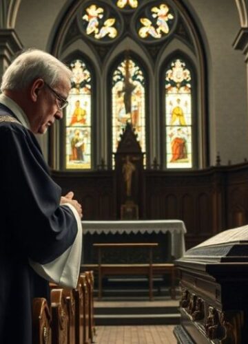 Tradycyjny katolicki kościół z kapłanem modlącym się przy trumnie Zdjęcie realistycznego, pełnego szacunku wnętrza kościoła katolickiego z kapłanem modlącym się przy trumnie, wyrażające głęboką refleksję i krytykę zmian posoborowych