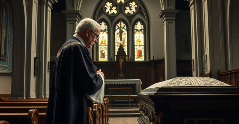 Zdjęcie realistycznego, pełnego szacunku wnętrza kościoła katolickiego z kapłanem modlącym się przy trumnie, wyrażające głęboką refleksję i krytykę zmian posoborowych