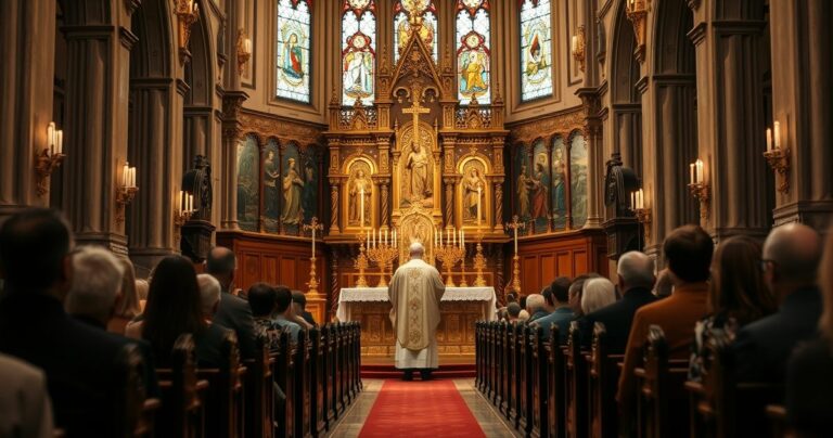 Fotografia realistyczna wewnątrz tradycyjnego kościoła katolickiego podczas Mszy, ukazująca ołtarz i kapłana w liturgicznych szatach, podkreślająca powagę i sacrum