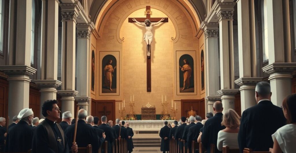 Religijne wnętrze kościoła z kapłanami i wiernymi, symbolizujące tradycyjną katolicką Msze i obronę wiary