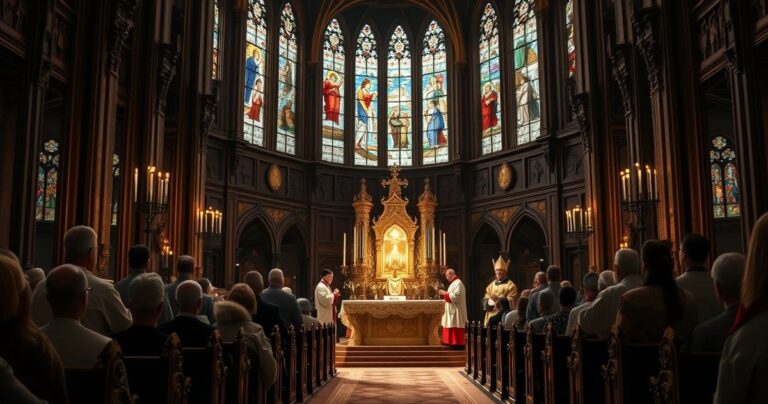 Surowa, realistyczna scena kościelna ukazująca tradycyjnych kapłanów w liturgii w starym kościele, symbolizująca odrzucenie modernistycznych tendencji w edukacji religijnej
