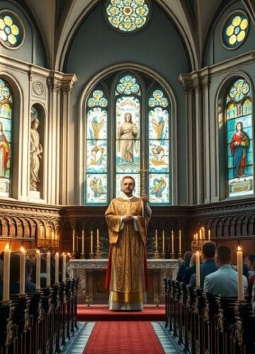 Tradycyjne Katolickie Wnętrze Kościoła podczas Pielgrzymki Realistyczny obraz tradycyjnego katolickiego wnętrza kościoła podczas pielgrzymki, z kapłanem w tradycyjnych szatach i wiernymi w modlitewnej atmosferze, oddający powagę i duchowość katolickiego kultu.