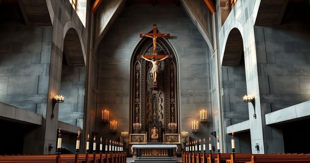 Wnętrze tradycyjnego katolickiego kościoła z ołtarzem i krzyżem, kontrastujące z nowoczesną architekturą betonową, symbolizujące zniszczenie sakralnego dziedzictwa przez Le Corbusiera