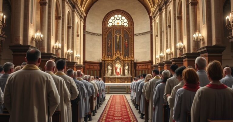Obraz wnętrza kościoła katolickiego z tradycyjnym wystrojem, ukazujący wiernych i kapłanów w liturgii, symbolizujący autentyczną katolicką tradycję i krytykę nowoczesnych zmian w hierarchii kościelnej