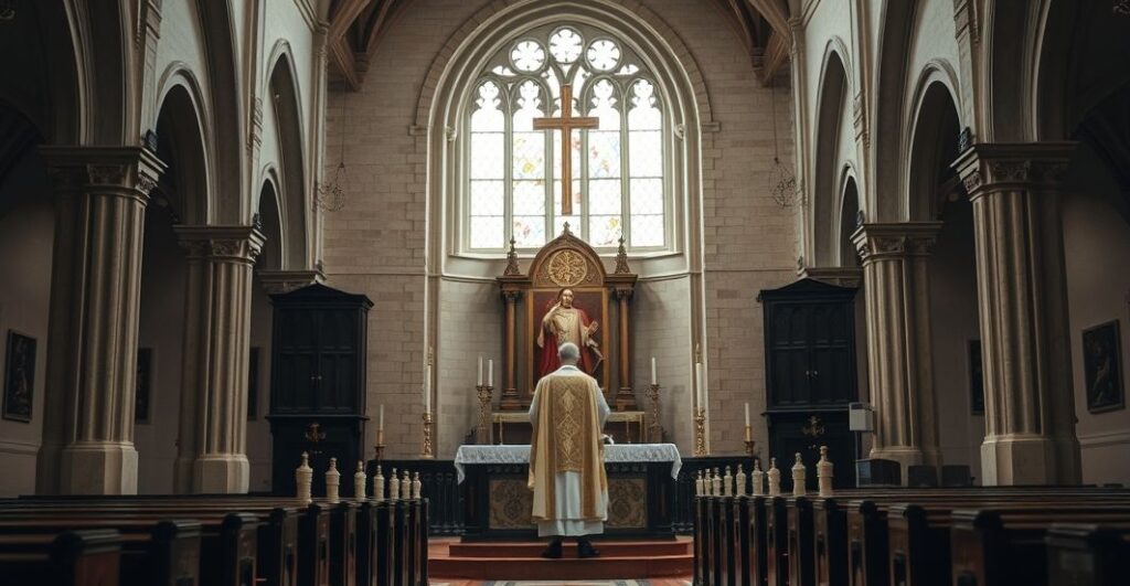 Realistyczne, pełne szacunku zdjęcie wnętrza tradycyjnego katolickiego kościoła z ołtarzem i kapłanem, ukazujące autentyczną liturgię i pobożność