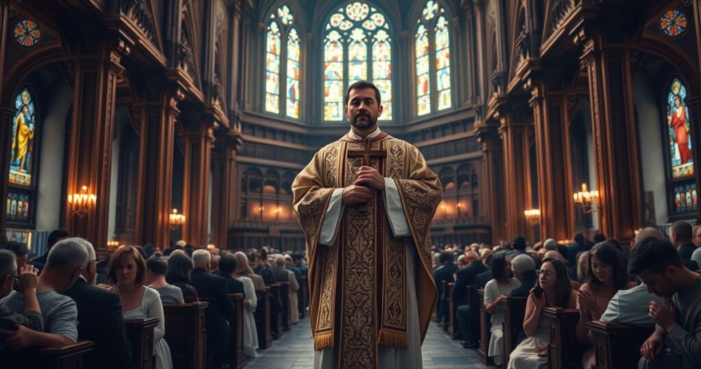Obraz kościoła katolickiego z kapłanem w liturgicznych szatach i wiernymi w modlitwie, oddający powagę i tradycję katolicką