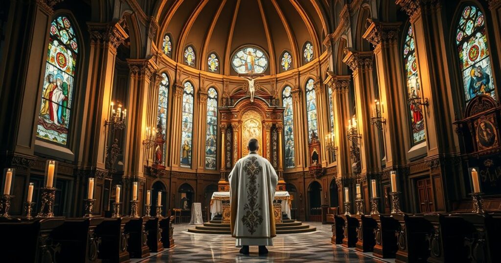 Wnętrze kościoła katolickiego z kapłanem w tradycyjnych szatach, stojącym przed ołtarzem z krucyfiksem i świecami, ukazujące głęboką religijność i tradycyjną pobożność.