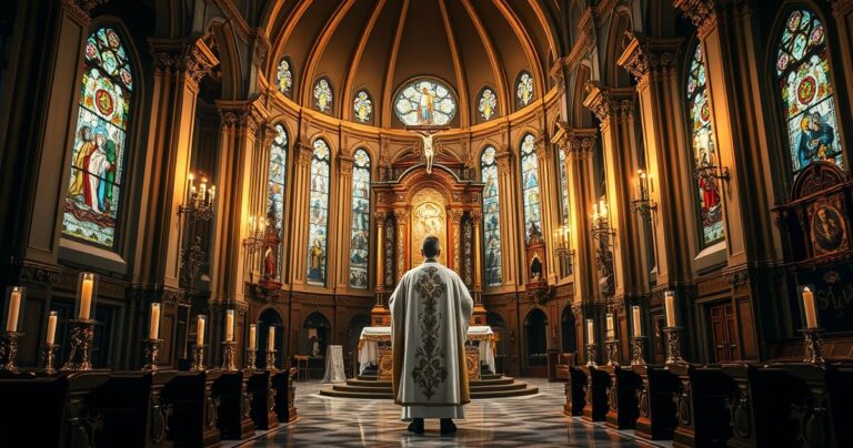 Wnętrze kościoła katolickiego z kapłanem w tradycyjnych szatach, stojącym przed ołtarzem z krucyfiksem i świecami, ukazujące głęboką religijność i tradycyjną pobożność.