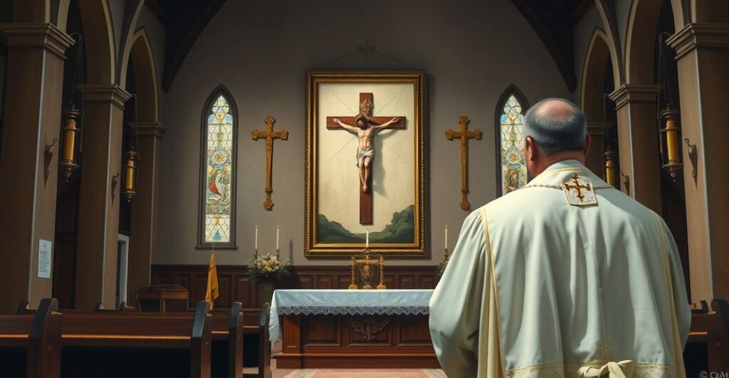 Sentymentalny obraz tradycyjnej katolickiej kaplicy z kapłanem patrzącym na minimalistyczny obraz Krzyża w kontekście krytyki modernistycznej sztuki religijnej