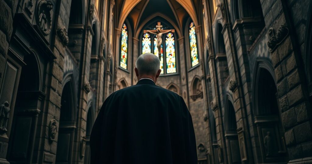 Ksiądz w tradycyjnej sutannie w sanktuarium, wyraz powagi i refleksji, symbol lojalności wobec katolickiej nauki i krytyki modernistycznych tendencji