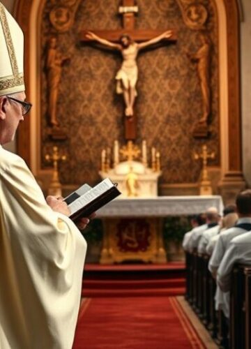 Tradycyjny katolicki ksiądz podczas kazania w kościele Tradycyjny katolicki ksiądz podczas kazania w kościele, skupiony na naukach prawdziwej wiary, w atmosferze modlitwy i refleksji